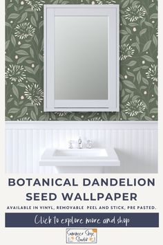 the botanical dandelion seed wallpaper is available in various colors and sizes, including green