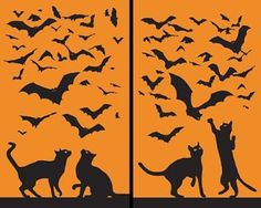 two pictures with cats and bats in the sky, one has a cat on it's back