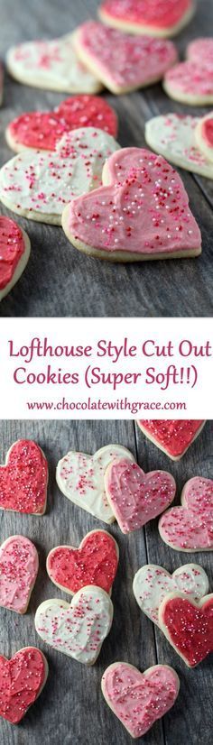 heart shaped cookies with sprinkles on them and the words, loofhouse style cut out cookies super soft