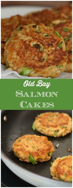 salmon cakes are being cooked in a skillet with the words old bay salmon cakes