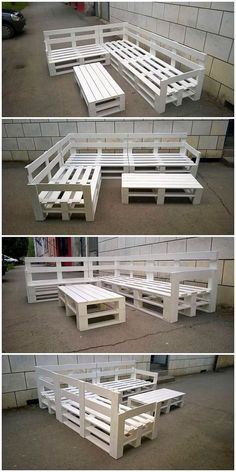 four pictures of different types of benches made out of pallets