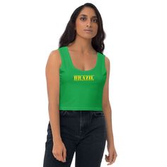 Be ready to show your love for Brazil with these World Cup crop tops! This crop top feature a Brazillian flag print on the back to show your love for Brazil. These are perfect for wearing during the game or as a patriotic top to wear at work or when you're out running errands. Show your love and patriotism with this beautifully crop top. View more Brazil items + PRODUCT DESCRIPTION + 82% Polyester / 18% Spandex Material has a four-way stretch meaning the fabric stretches and recovers at the crot Green Cropped Sports Crop Top, Green Sports Crop Top, Green Cropped Top For Streetwear, Green Cropped Crop Top For Streetwear, Brazil Crop Top, Brazil Outfit, Crop Top Outfit, Porto Rico, Top Clothing