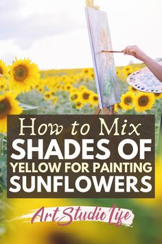 the sunflowers are blooming and there is a woman painting with her easel