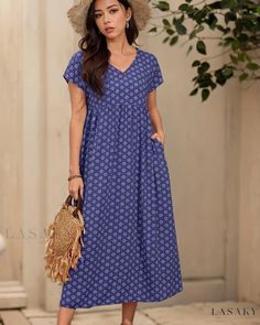 Lasaky - Elegant Short Sleeve Long Dress Cotton Blends Dress, Short Sleeve Maxi Dresses, Womens Vintage Dresses, Sleeves Clothing, Styl Boho, Vestidos Vintage, Elegant Dresses Long, Vintage Style Dresses, Moda Vintage