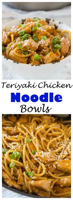 two plates with noodles and chicken in sauce