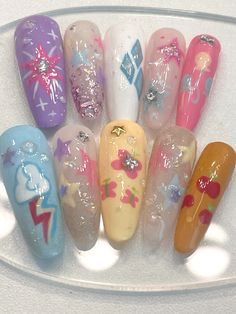 #mylittlepony #nails #pressonnails My Melody Inspired Nails, Mlp Nails Ideas, Mlp Nail Art, Polly Pocket Nails, Laufey Inspired Nails, Twilight Sparkle Nails, Regular Show Nails, Rainbow Dash Nails, Nail Inspo Simple Almond