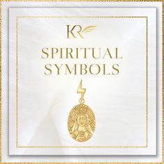 an image of a gold pendant with the words, kr spiritual symbols on it