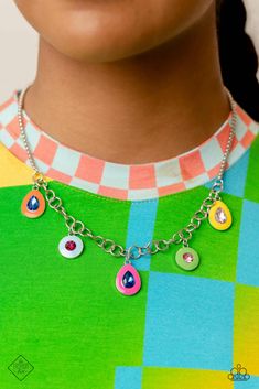 Attached to a section of shiny silver links, a collection of teardrop and round multicolored gems, bordered by Orange Tiger, Summer Song, Fuchsia Fedora, Classic Green, and Samoan Sun frames, swing below the collar. Attached to the silver links, a dainty silver box chain wraps around the neckline, further emphasizing the colorful collision of paint and gems. Features an adjustable clasp closure.

 Sold as one individual necklace. Includes one pair of matching earrings. Orange Tiger, Multi Ring, Multi Necklace, Multi Coloured Necklaces, Summer Songs, Abstract Designs, May 2023, Funky Jewelry, Colorful Jewelry