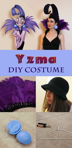 several different pictures with the words yzma diy costume on them and an image of a woman wearing a witch's hat