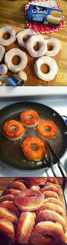 donuts are being cooked and fried on the stove top, then baked in an oven