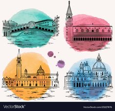 four different colored buildings with watercolor stains