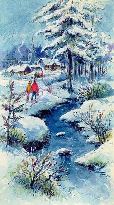 a painting of people walking in the snow near a stream and pine trees on a snowy day