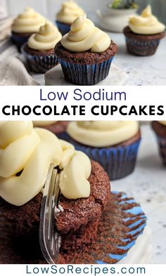 chocolate cupcakes with white frosting on top and the words low sodium chocolate cupcake