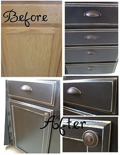 before and after photos of an old dresser makeover with chalk paint, wood veneers, and new drawer pulls