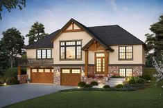 a two story house with stone and wood accents