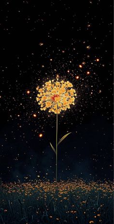 a dandelion flower in the middle of a field with fireflies flying around it