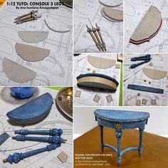 several pictures of different types of furniture being made with scissors and plywood, including an upholstered table