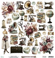 an assortment of vintage sewing related items and flowers on a white background with text that reads, antique sewing