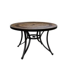 a round table with an iron base and wooden top