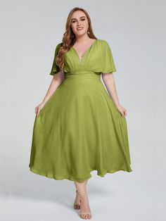 Green V-neck Bridesmaid Evening Dress, Green V-neck Bridesmaid Dress For Wedding, Spring V-neck Dresses For Banquet, Solid Color Chiffon Empire Waist Dress, Green V-neck Maxi Dress For Banquet, Green V-neck Bridesmaid Dress, Green V-neck Evening Dress, Chiffon V-neck Dress For Wedding Guest, Chiffon V-neck Bridesmaid Evening Dress