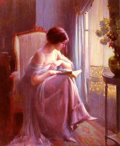 a painting of a woman sitting in a chair with a book and looking out the window