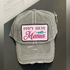 Nwt Distressed Don’t Mess With Mama Gray Baseball Cap *Adjustable Velcro *Pink Details Under Distressed Markings *Comfortable Adjustable Distressed Pink Hat, Distressed Pink Hat One Size, Distressed Pink Hat One Size Fits Most, Pink Distressed Cap, Distressed Pink Hat, Pink Distressed Hat, Boat Hair, Camping Hair, Distressed Baseball Cap