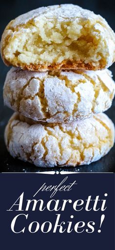 three powdered sugar cookies stacked on top of each other with the words amaretti cookies