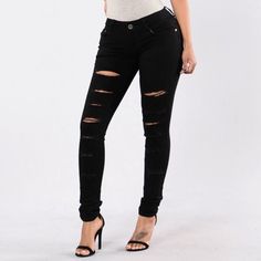 Fashion Nova “Lola” Jeans Black Size: 9 Nwt Skinny Jean Medium Stretch Ripped/ Distressed Style 5 Pocket 8" Low Rise 31" Inseam Disclaimer: Due To The Specialized Wash And Distressing Process, Each Garment Is Unique 80% Cotton 15% Polyester 5% Elastane Blue Flare Jeans, Jeans Fashion, Long Jeans, Juniors Jeans, Fashion Nova Jeans, Distressed Black Jeans, Light Wash Denim, Jeans Black, High Waisted Denim