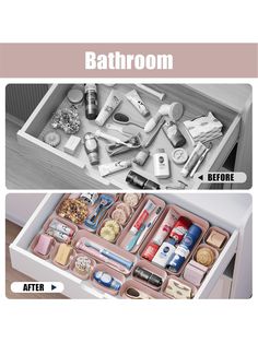 the bathroom drawer is full of different items and has been organized with drawers to keep it clean