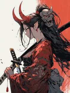 Oni Girl, Samurai Anime, Japanese Art Prints, Demon Art, Cool Wallpapers Cartoon, Fantasy Concept Art, Art Characters, Anime Artwork