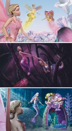 three different images of fairy land with two women in the middle and one man on the bottom