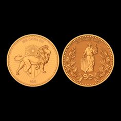 two gold coins with the image of a woman and a lion