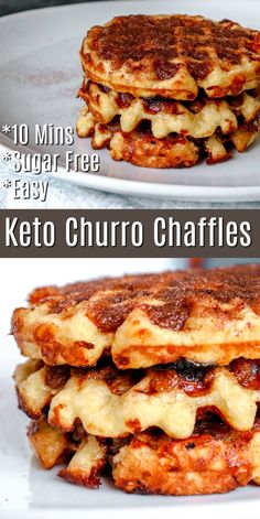 two pictures of pancakes stacked on top of each other with the words keto churro waffles