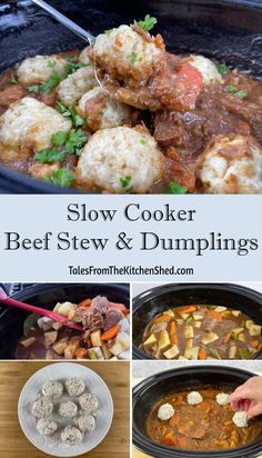 slow cooker beef stew and dumplings collage with text overlay that reads slow cooker beef stew and dumplings