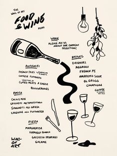 a black and white poster with wine related items