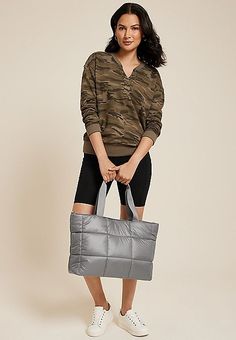 Quilted Tote Bag | maurices Packable Shoulder Bag For On-the-go, Trendy Gray Travel Bag, Trendy Gray Tote Bag, Fall Travel Box Bag With Large Capacity, Large Capacity Box Bag For Travel In Fall, Large Capacity Box Bag For Travel And Fall Season, Trendy Packable Nylon Shoulder Bag, Trendy Gray Shopping Bag, Gray Travel Bag With Double Handle