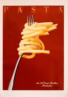 a poster with pasta on it and a fork sticking out of the top of it