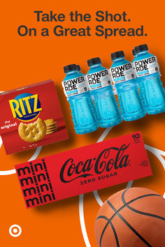 an advertisement for soda and snacks with basketballs