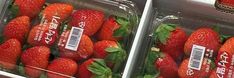 two plastic containers filled with fresh strawberries on top of each other in a store