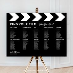 A movie theme table plan, perfect for a film or actor themed wedding or party! The table plans are created with your own text, so you can name your tables after your favourite movie, actors, series or anything important to you! ● Receive a proof image before your order is printed or finalised. ● Easels, stands or frames are not included. ● Choose from printed or digital file.         PERSONALISED DIGITAL FILE OPTION To purchase this item as a personalised digital file to print yourself, please s Film Table Names Wedding, Cinema Wedding Theme, Movie Wedding Ideas, Alternative Wedding Decor, Movie Theatre Wedding, Cinema Seating