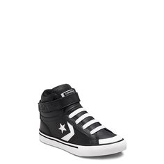 These boys' Converse Pro Blaze Strap black/white/white high-top sneakers are sure to turn out to be his favourite. Crafted with leather upper, these slip-on sneakers have a round toe front, elastic laced front panel, and an adjustable hook-and-loop instep strap for a snug and precise fit. Features include textile lining, SmartFOAM sockliner for comfort, lightweight foam midsole, and a rubber traction outsole with diamond patterned tread. | Converse Boys' Pro Blaze High-Top Sneaker in Black/White High-top Basketball Shoes With Vulcanized Sole, High-top Synthetic Sneakers With Elastic Laces, Synthetic High-top Sneakers With Elastic Laces, Sports High-top Sneakers With Elastic Laces, Sporty Leather Skate Shoes With Elastic Laces, Leather High-top Sneakers With Elastic Laces, Black High-top Skate Shoes With Elastic Laces, High-top Sneakers With Vulcanized Sole For Sports, Leather Skate Shoes With Elastic Laces For Streetwear