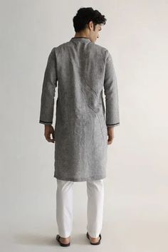 Shop for Kaha Grey Linen Rosag Thread Embroidered Bundi Kurta Set for Men Online at Aza Fashions Traditional Long Sleeve Linen Kurta, Fitted Linen Kurta With Chikankari Embroidery, Long Sleeve Linen Kurta With Chikankari Embroidery, Cutout Neckline, Kurta For Men, Kurta Set For Men, Nehru Jackets, Linen Color, Ombre Effect