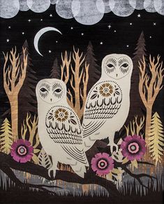 two owls sitting on a tree branch in the night