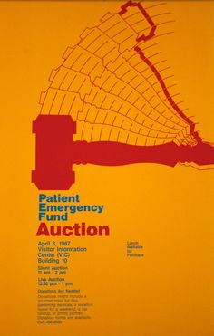 an orange poster with red and yellow lines on it that says, patient emergency auction auction