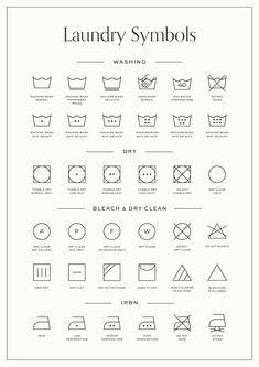 laundry symbols are shown in black and white, with the words laundry symbols below them