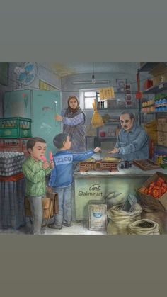 a painting of people in a kitchen with food on the counter and two children standing at the counter