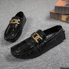 Russoo - Stylish Unisex Crocodile-Embossed Loafer Shoes: Lightweight, Non-Slip Driving Footwear for Spring and Summer Black Crocodile Pattern Loafers With Round Toe, Black Crocodile Pattern Slip-on Loafers, Black Crocodile Pattern Round Toe Loafers, Casual Patent Leather Slip-on Shoes, Casual Leather Loafers With Crocodile Pattern, Moccasins Shoes, Mens Snow Boots, Driving Loafers, Walking Sneakers