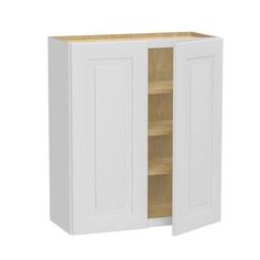 a white cabinet with two doors and shelves