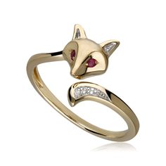 This stunning and sleek 9ct yellow gold fox ring features bright red ruby gemstones for the eyes and a white sapphire tail to wrap around the finger. A quick buff with a jewellery cleaning cloth will remove metal tarnishes and keep gemstones looking glossy. Please avoid contact with perfumes, cosmetics or chemicals. Fox Ring, Gold Fox, Fox Jewelry, Green Colours, Sapphire Birthstone, Animal Ring, Ruby Sapphire, Nature Inspired Jewelry, Red Ruby