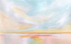 an abstract painting with pastel colors and white clouds in the sky over a body of water